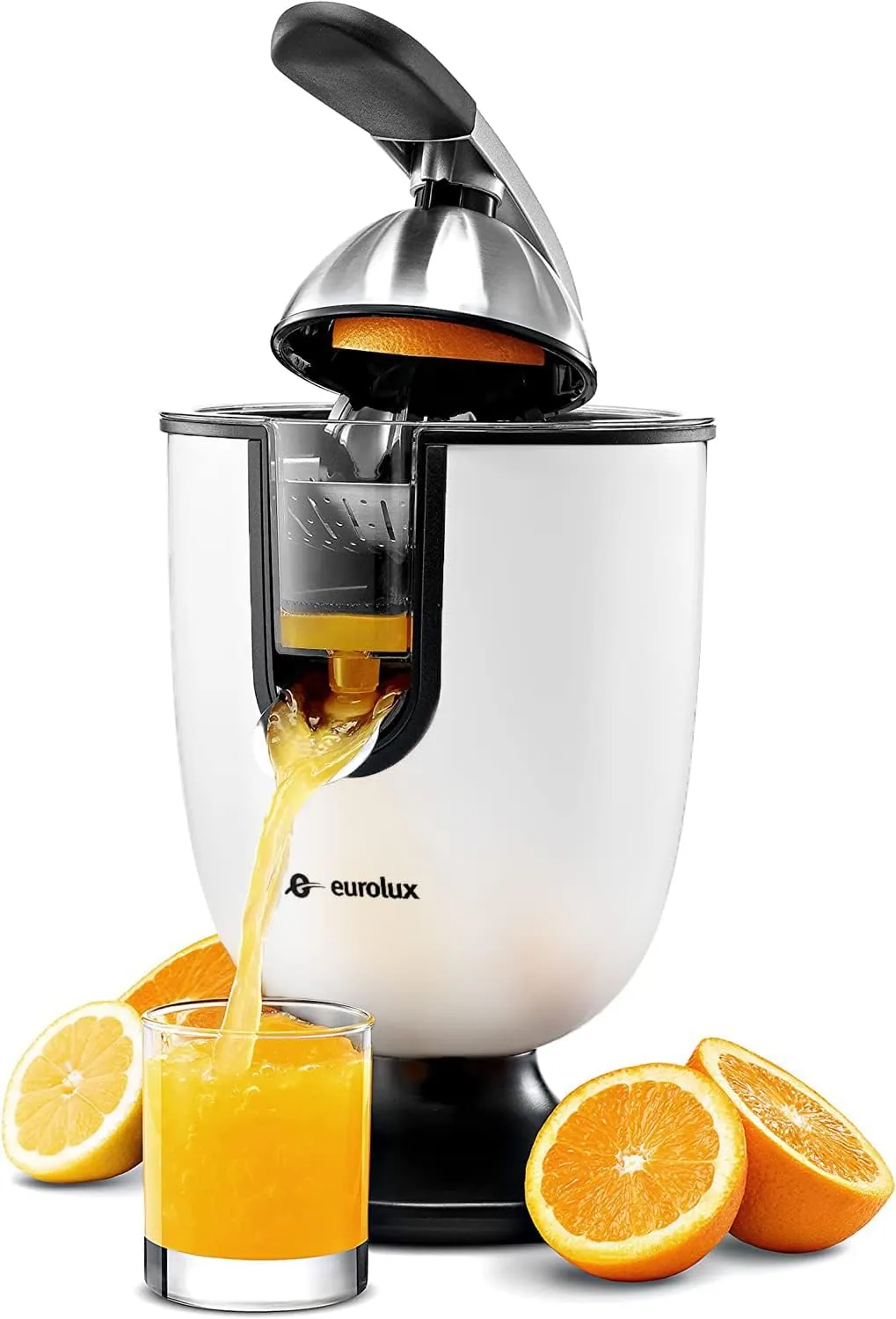 A citrus press works halved fruit against a cone. Whole apples and greens are a different machine entirely.