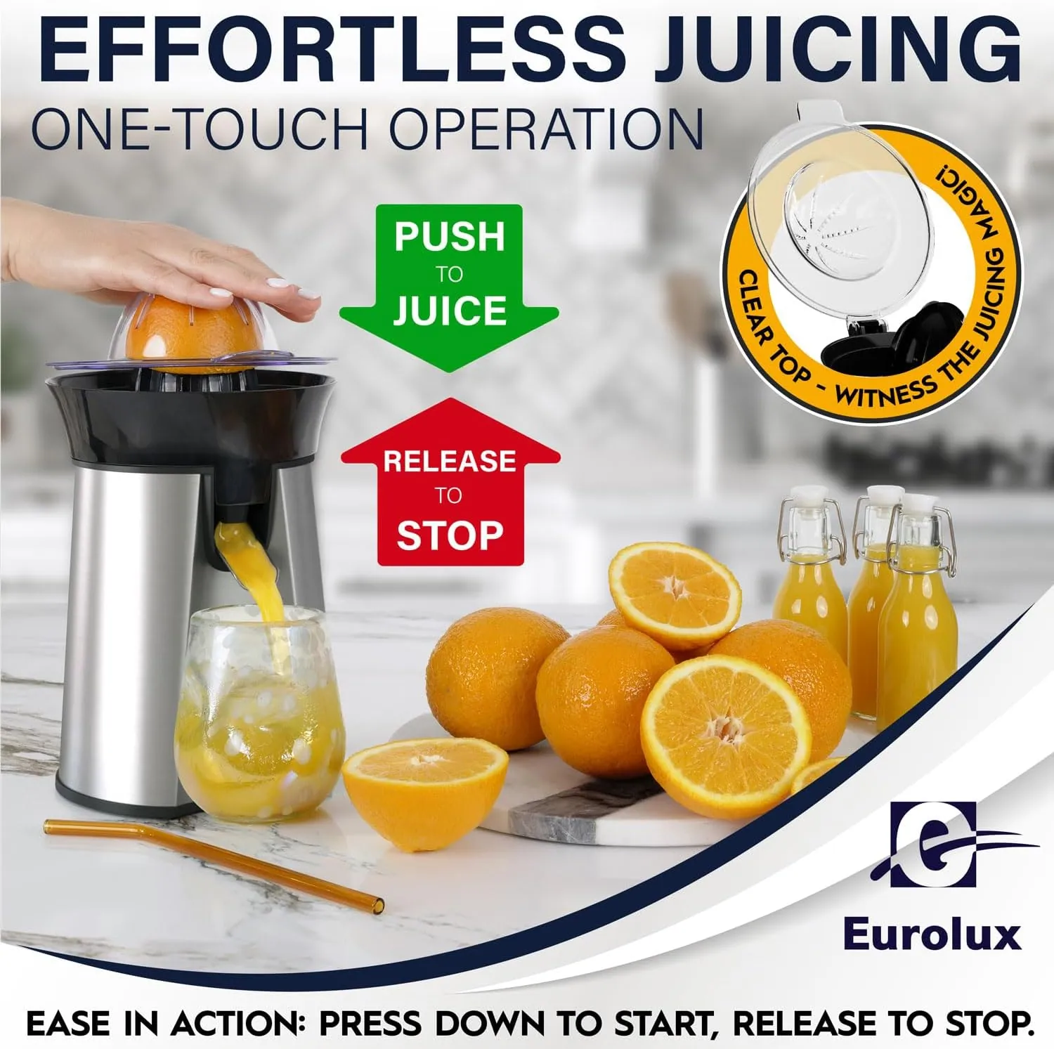 The parts that touch juice lift off in one motion, and the base stays on the counter.